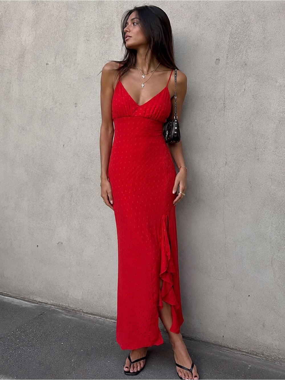 ZARA Lipstick Red Jacquard Dotted Slip Maxi Dress Ruffle Side Slit Y2K Small